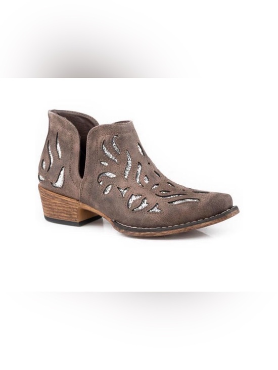 Roper Shoes - New! Roper Taupe Cutout Suede Ankle Bootie with Stacked Heel